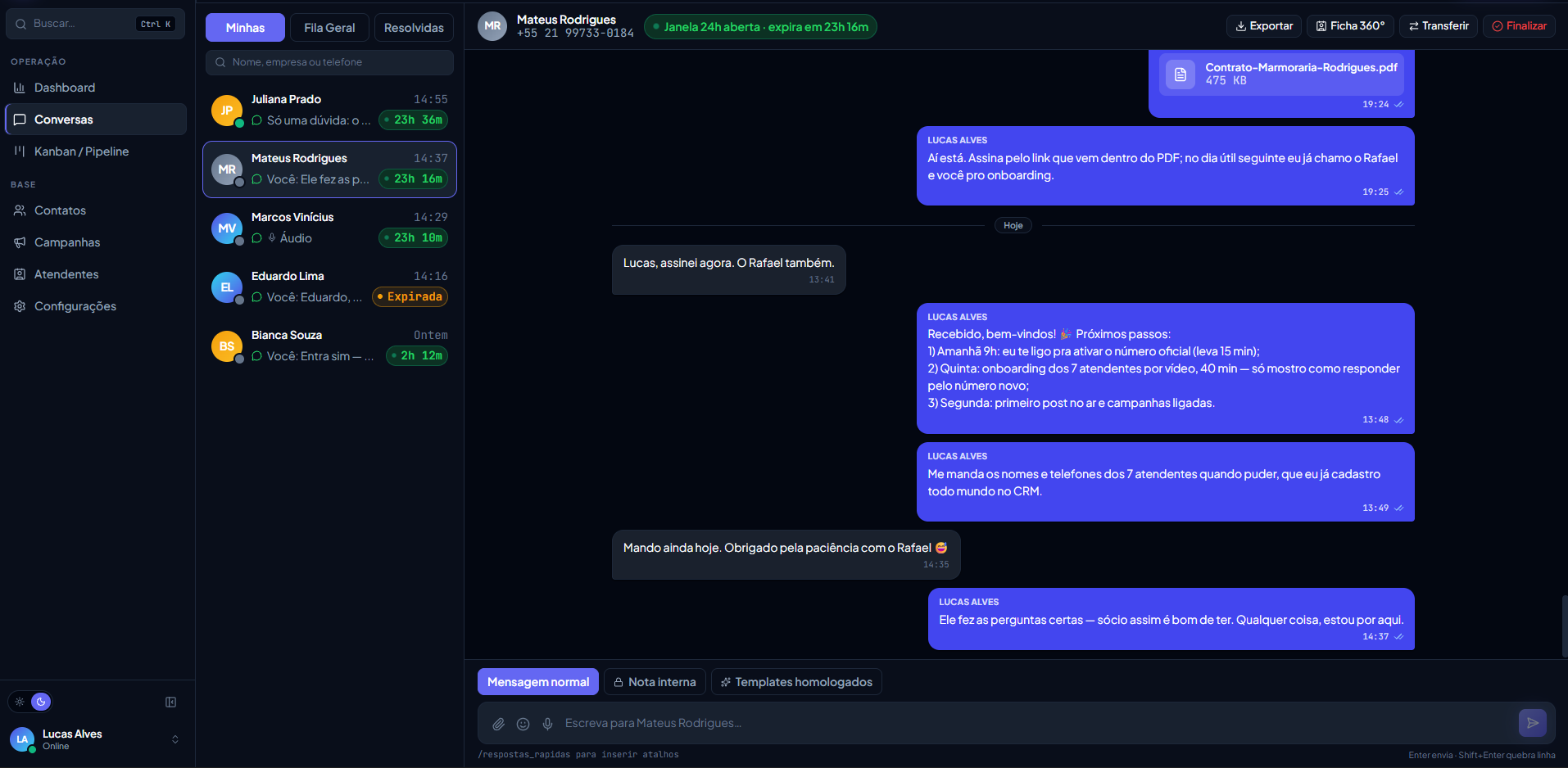 Tela de conversas do CRM, com o WhatsApp da empresa centralizado e o indicador da janela de 24 horas.